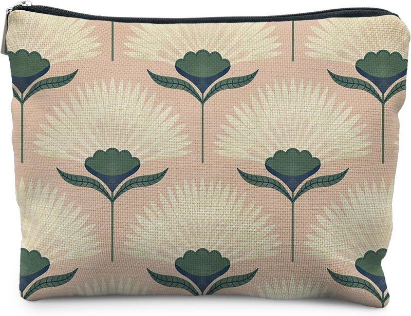 RYYCDOI Vintage Boho Floral Pink Makeup Bag, Art Deco Floral Botanical Cosmetic Bags for Women, Boho Gifts for Women, Retro Mid Century Modern Art Zipper Makeup Pouch - Image 1